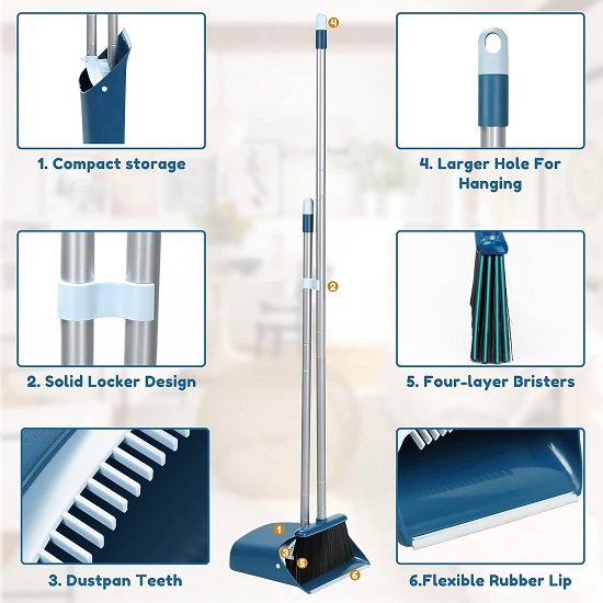 Upright Dustpan and Broom Set with 52" Long Retractable Handle
