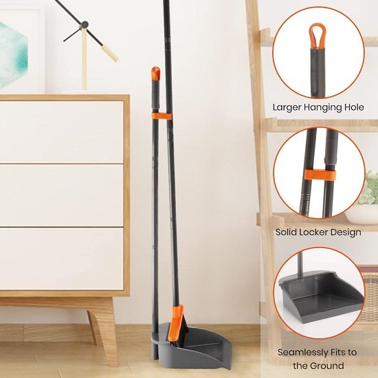 Long Handle Broom with Upright Standing Dustpan Combo for Office Home Kitchen Lobby Floor Cleaning
